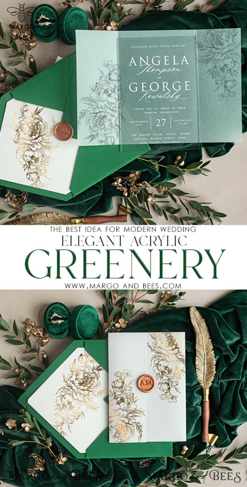Greenery Gold Wedding Invitations: Glamour Acrylic with Glitter Emerald Green Suite, Luxury Cards featuring Wax Seal-2
