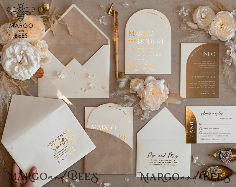 Luxury Gold Wedding Invitation Suite with Elegant Arch Design in Custom Velvet Beige Pocket-1