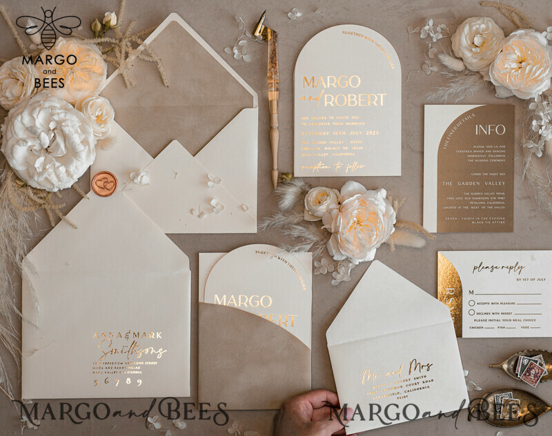 Luxury Gold Wedding Invitation Suite with Elegant Arch Design in Custom Velvet Beige Pocket-2