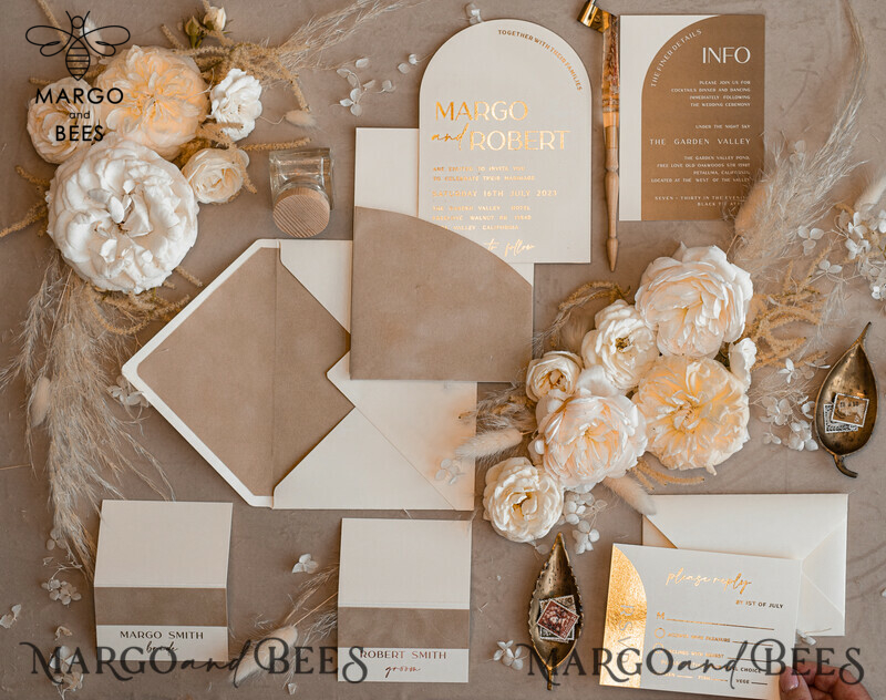 Luxury Gold Wedding Invitation Suite with Elegant Arch Design in Custom Velvet Beige Pocket-11
