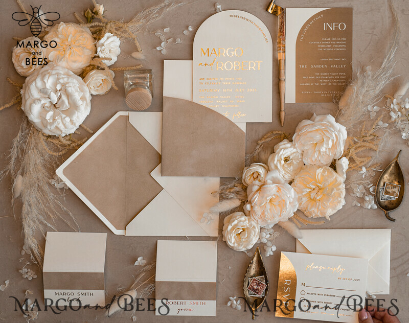 Luxury Gold Wedding Invitation Suite with Elegant Arch Design in Custom Velvet Beige Pocket-12