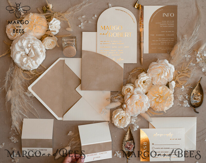Luxury Gold Wedding Invitation Suite with Elegant Arch Design in Custom Velvet Beige Pocket-13
