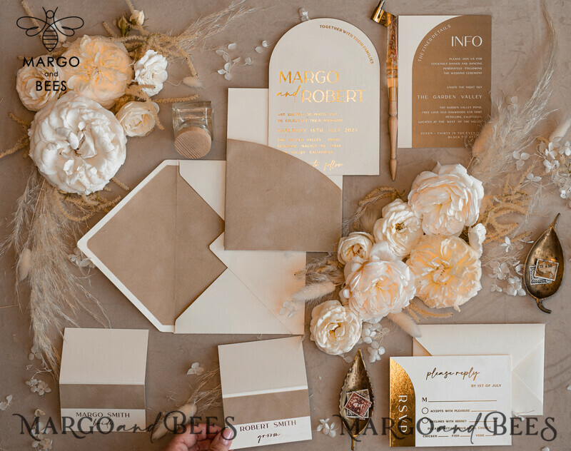 Luxury Gold Wedding Invitation Suite with Elegant Arch Design in Custom Velvet Beige Pocket-14