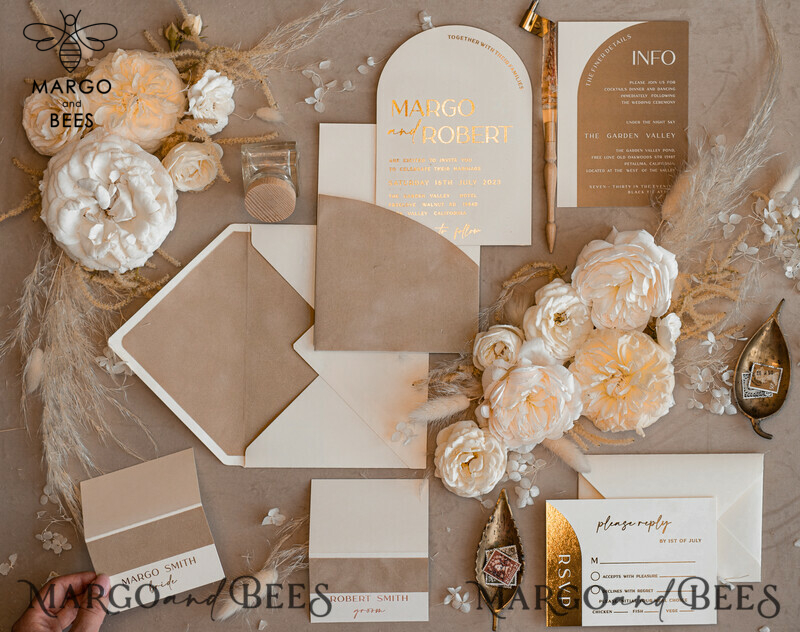 Luxury Gold Wedding Invitation Suite with Elegant Arch Design in Custom Velvet Beige Pocket-15