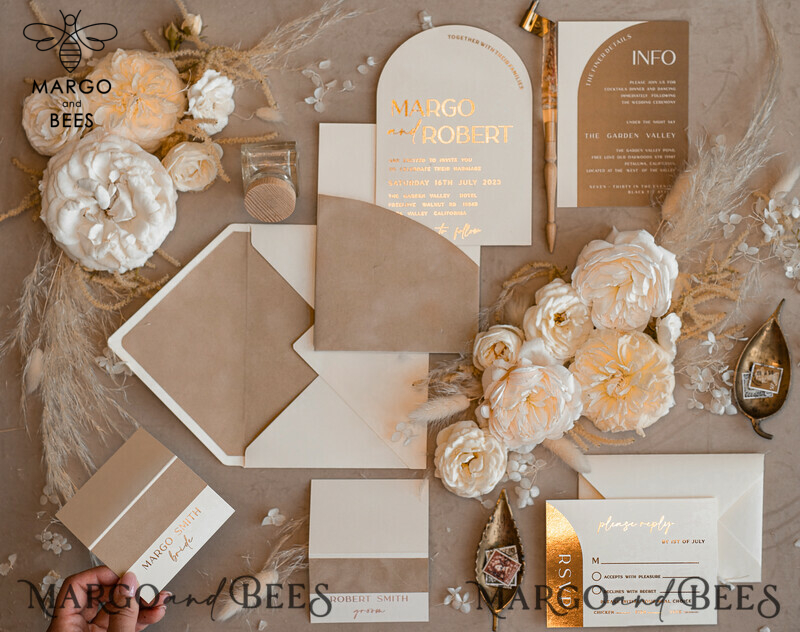 Luxury Gold Wedding Invitation Suite with Elegant Arch Design in Custom Velvet Beige Pocket-16
