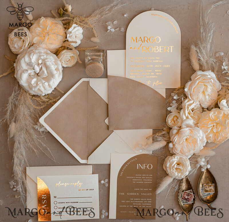 Luxury and Elegant Arch Wedding Invitations in Velvet Beige Pocket: Introducing our Gold Wedding Invitation Suite-18