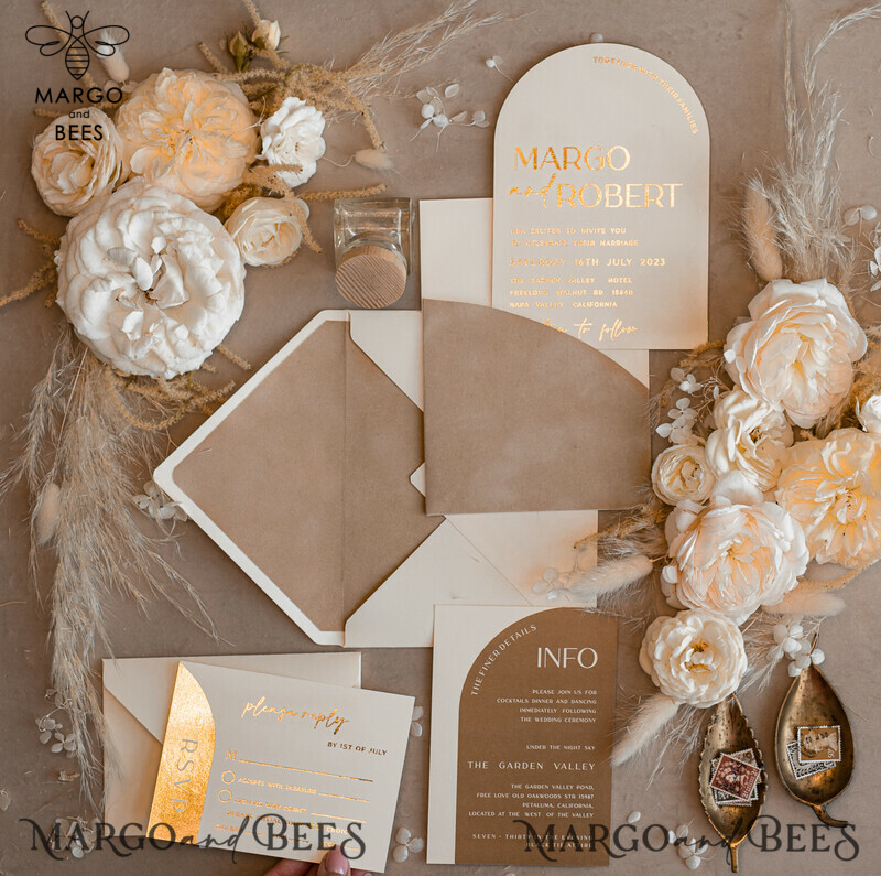 Luxury Gold Wedding Invitation Suite with Elegant Arch Design in Custom Velvet Beige Pocket-19