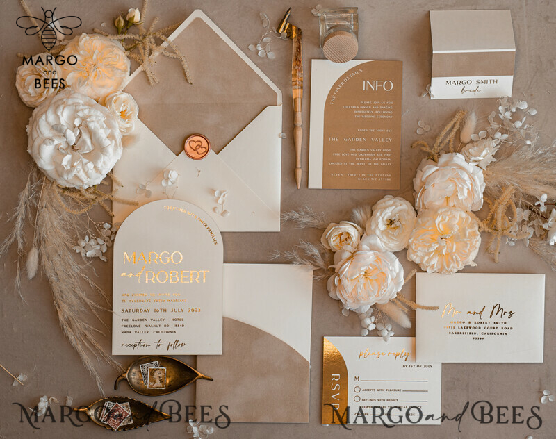 Luxury Gold Wedding Invitation Suite with Elegant Arch Design in Custom Velvet Beige Pocket-0