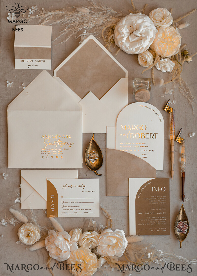 Luxury Gold Wedding Invitation Suite with Elegant Arch Design in Custom Velvet Beige Pocket-22