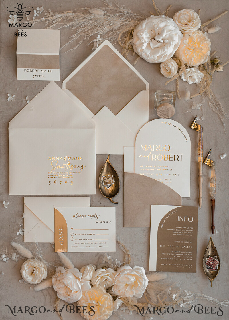 Luxury Gold Wedding Invitation Suite with Elegant Arch Design in Custom Velvet Beige Pocket-23