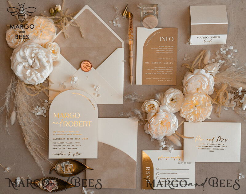 Luxury Gold Wedding Invitation Suite with Elegant Arch Design in Custom Velvet Beige Pocket-3
