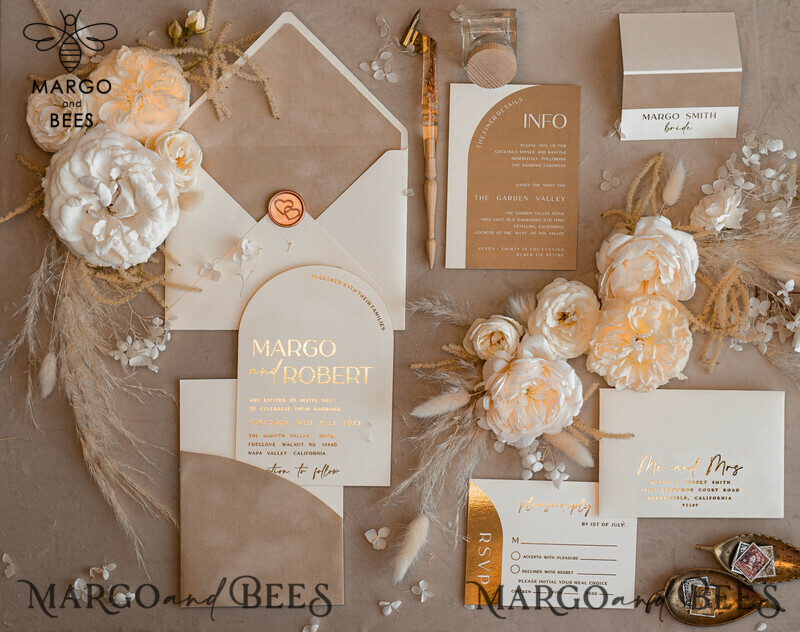Luxury and Elegant Arch Wedding Invitations in Velvet Beige Pocket: Introducing our Gold Wedding Invitation Suite-4
