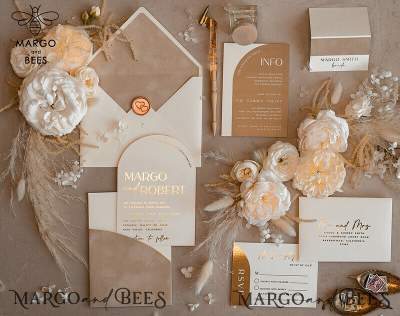 Luxury Gold Wedding Invitation Suite with Elegant Arch Design in Custom Velvet Beige Pocket-5