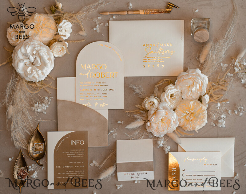 Luxury Gold Wedding Invitation Suite with Elegant Arch Design in Custom Velvet Beige Pocket-8