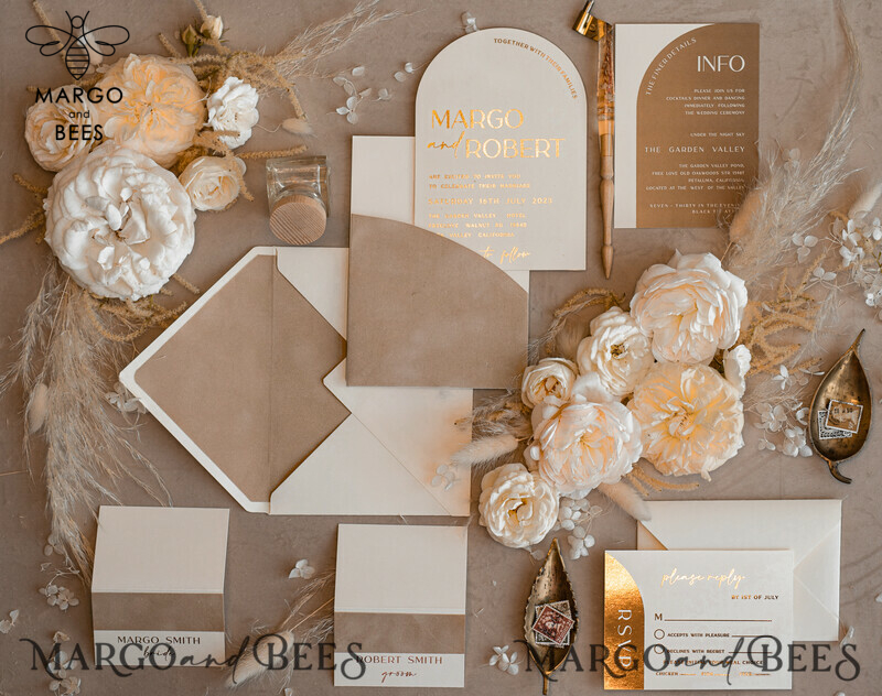 Luxury Gold Wedding Invitation Suite with Elegant Arch Design in Custom Velvet Beige Pocket-9