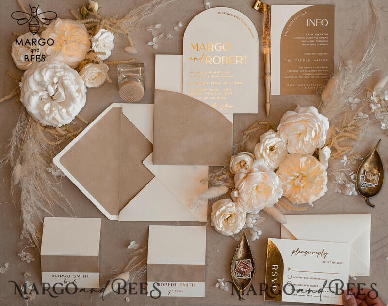 Luxury Gold Wedding Invitation Suite with Elegant Arch Design in Custom Velvet Beige Pocket-10