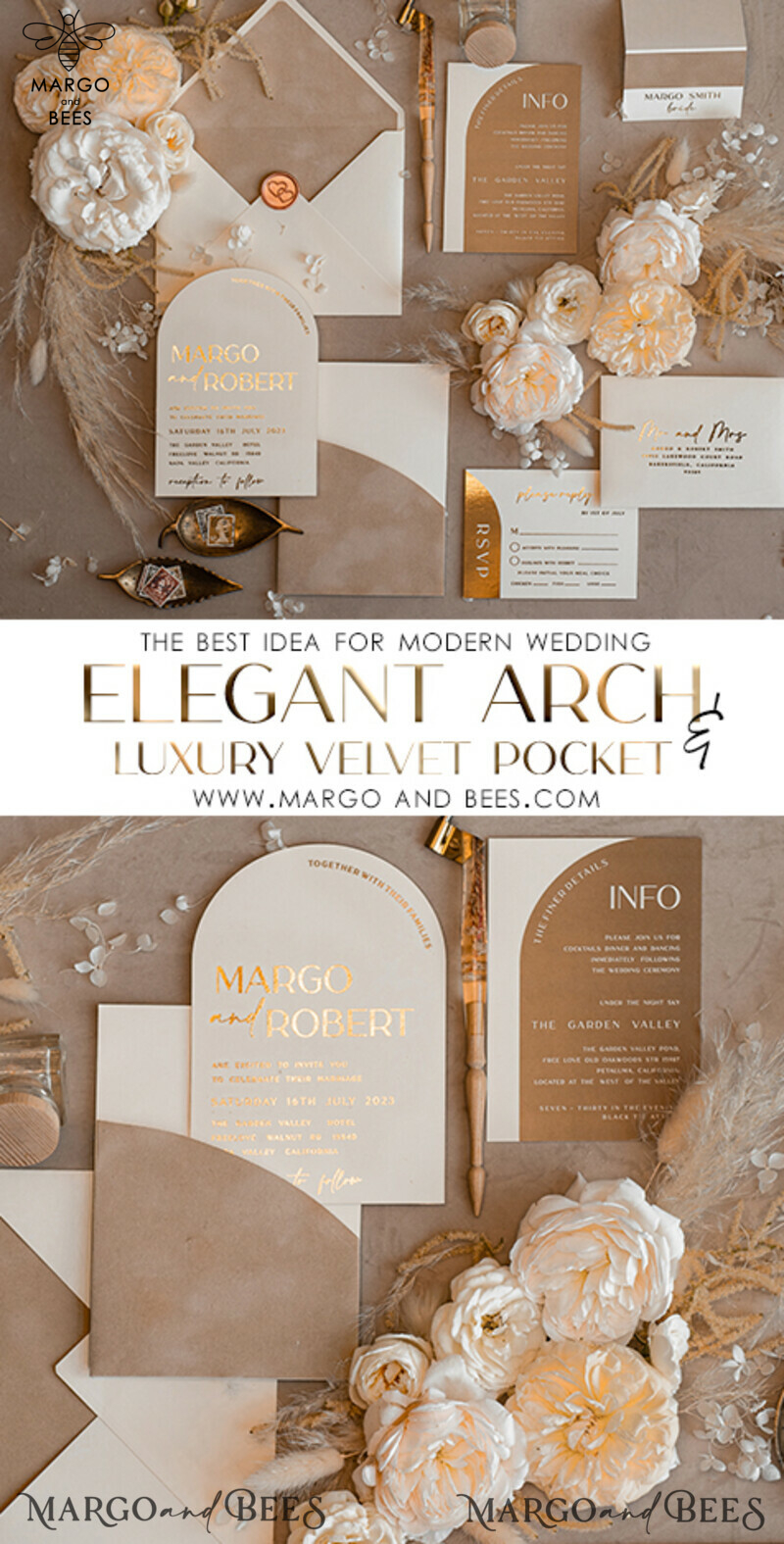 Luxury and Elegant Arch Wedding Invitations in Velvet Beige Pocket: Introducing our Gold Wedding Invitation Suite-7