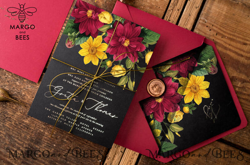 Romantic Wedding invitations Dhalias gold stationery, mauve and burgundy wedding invitation, fall wedding invites-5