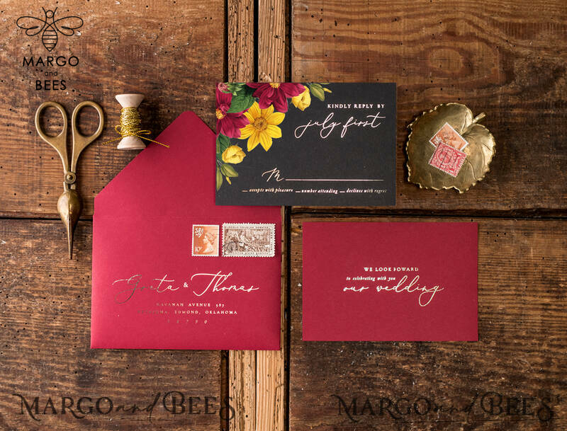 Romantic Wedding invitations Dhalias gold stationery, mauve and burgundy wedding invitation, fall wedding invites-6