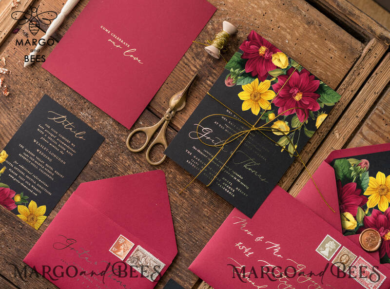Romantic Wedding invitations Dhalias gold stationery, mauve and burgundy wedding invitation, fall wedding invites-7