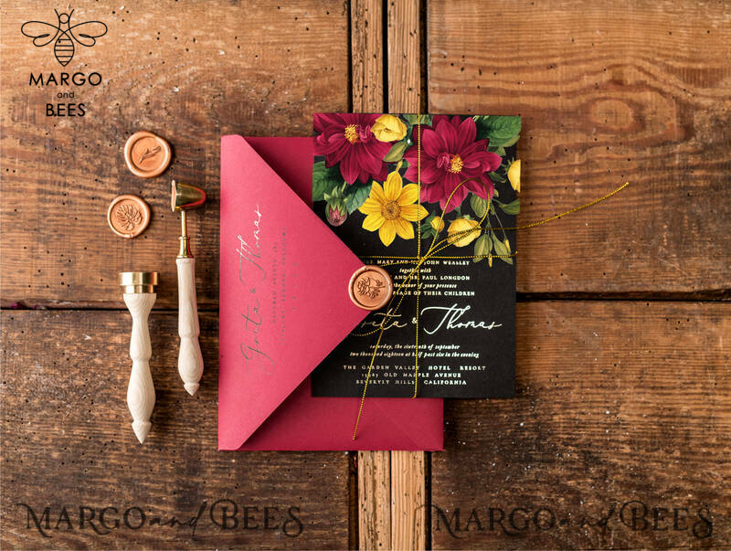 Romantic Wedding invitations Dhalias gold stationery, mauve and burgundy wedding invitation, fall wedding invites-8