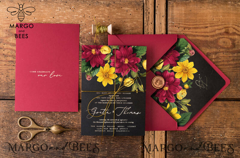 Romantic Wedding invitations Dhalias gold stationery, mauve and burgundy wedding invitation, fall wedding invites-9