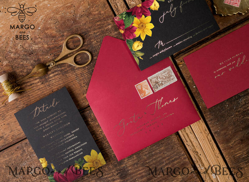 Romantic Wedding invitations Dhalias gold stationery, mauve and burgundy wedding invitation, fall wedding invites-10