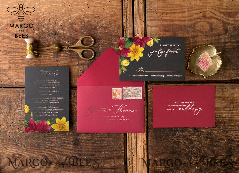 Romantic Wedding invitations Dhalias gold stationery, mauve and burgundy wedding invitation, fall wedding invites-11