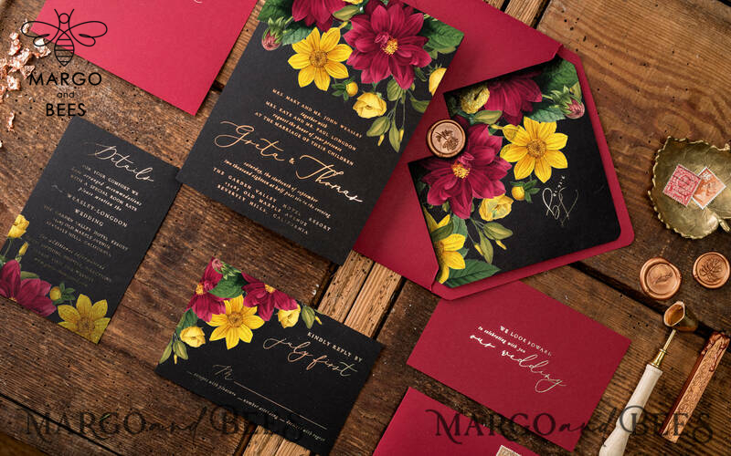 Romantic Wedding invitations Dhalias gold stationery, mauve and burgundy wedding invitation, fall wedding invites-12