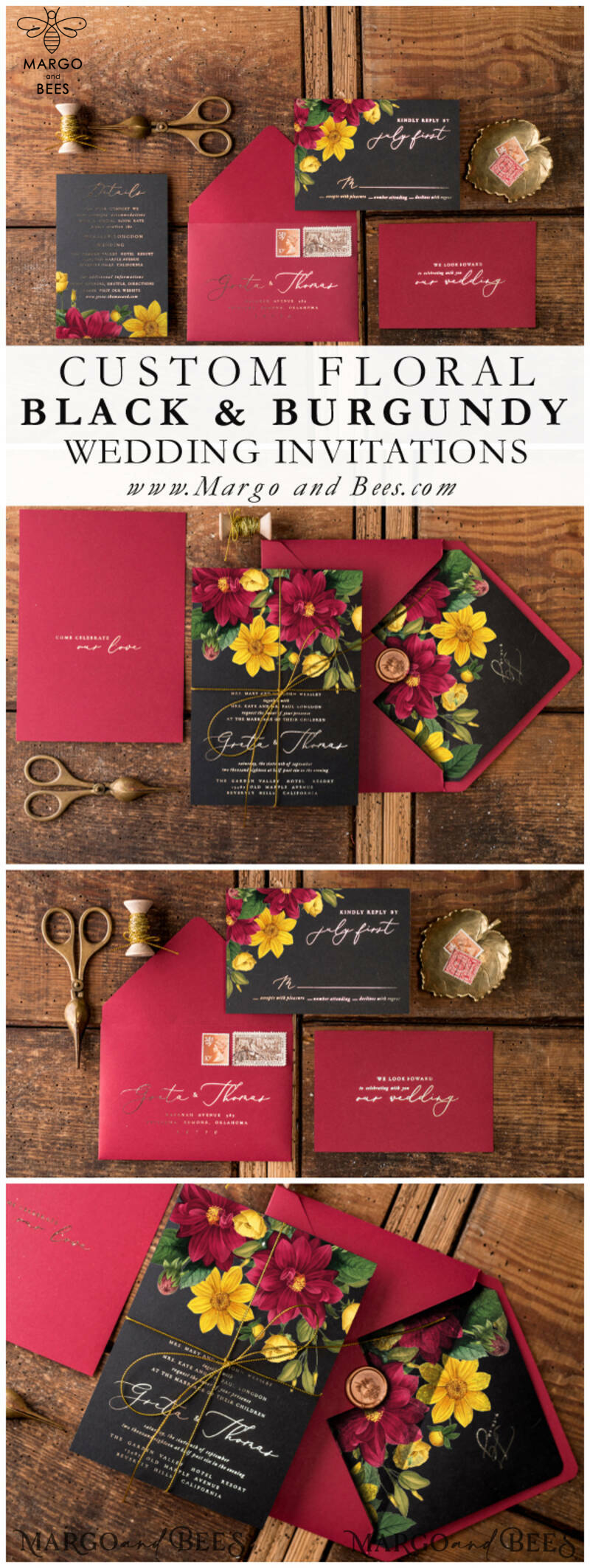 Romantic Wedding invitations Dhalias gold stationery, mauve and burgundy wedding invitation, fall wedding invites-14
