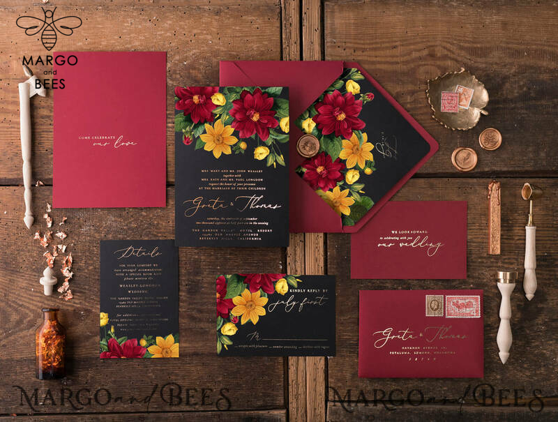 Romantic Wedding invitations Dhalias gold stationery, mauve and burgundy wedding invitation, fall wedding invites-0