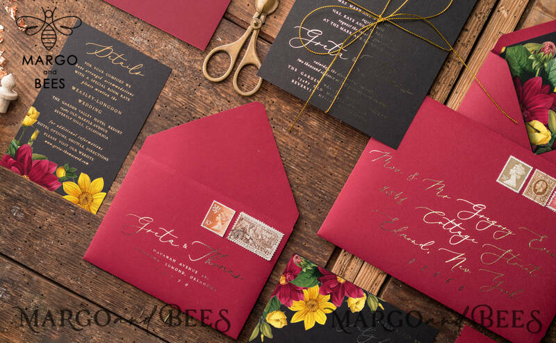 Romantic Wedding invitations Dhalias gold stationery, mauve and burgundy wedding invitation, fall wedding invites-1