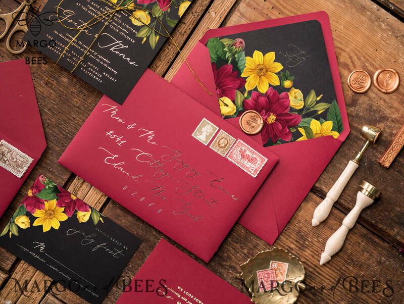 Romantic Wedding invitations Dhalias gold stationery, mauve and burgundy wedding invitation, fall wedding invites-2