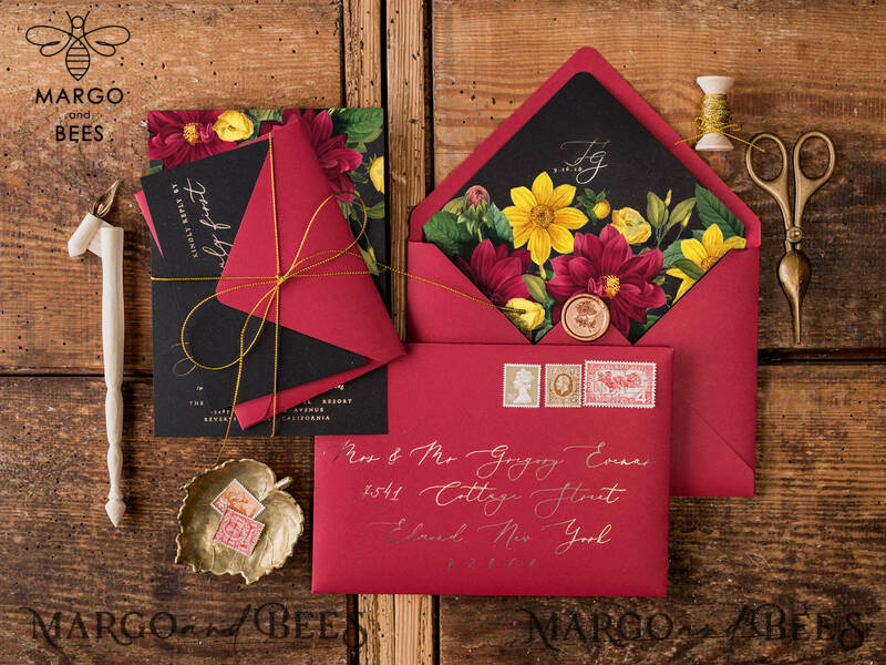 Romantic Wedding invitations Dhalias gold stationery, mauve and burgundy wedding invitation, fall wedding invites-3