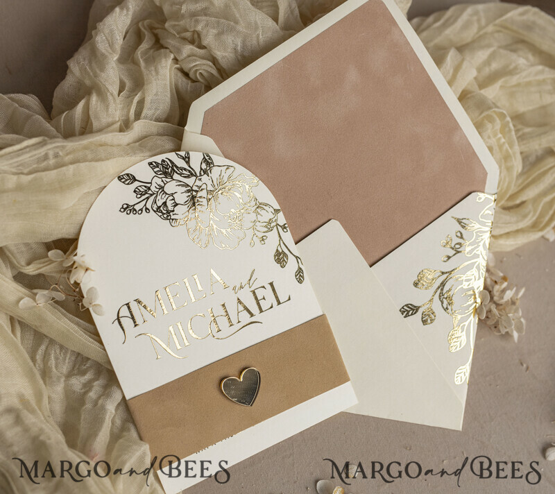 Gold wedding invitations and accessories? A great idea for a gold wedding. Arch Ivory Gold wedding invitation set, ecru wedding invitations, elegant wedding set with gold heart-10