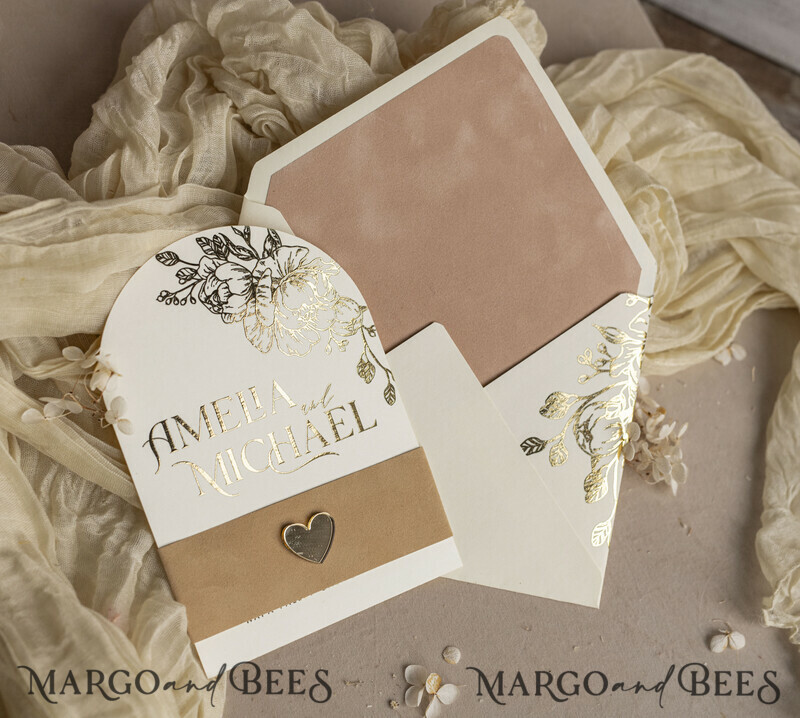 Gold wedding invitations and accessories? A great idea for a gold wedding. Arch Ivory Gold wedding invitation set, ecru wedding invitations, elegant wedding set with gold heart-11
