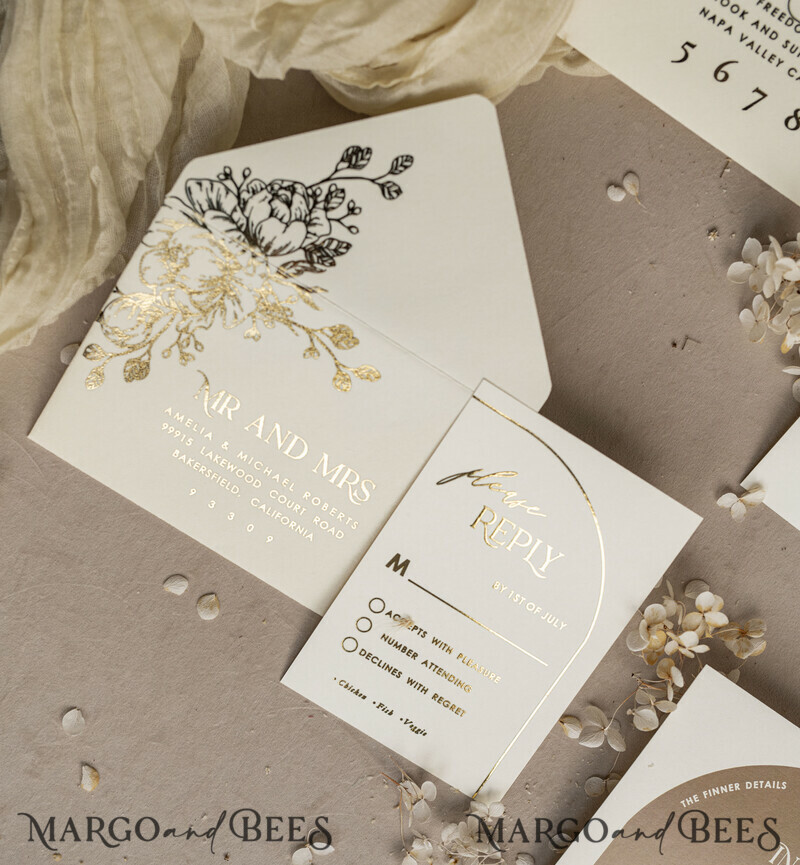 Gold wedding invitations and accessories? A great idea for a gold wedding. Arch Ivory Gold wedding invitation set, ecru wedding invitations, elegant wedding set with gold heart-13