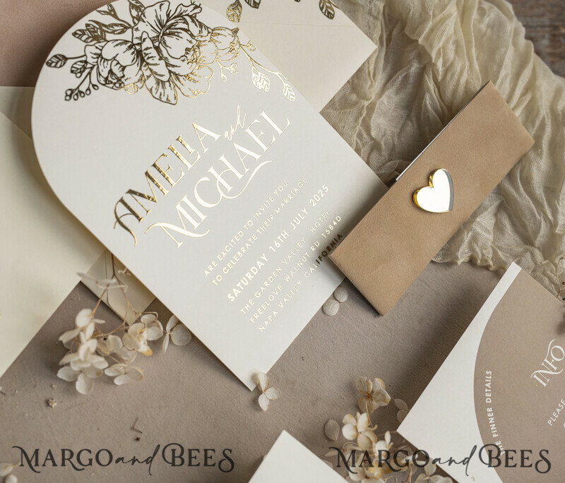 Gold wedding invitations and accessories? A great idea for a gold wedding. Arch Ivory Gold wedding invitation set, ecru wedding invitations, elegant wedding set with gold heart-14