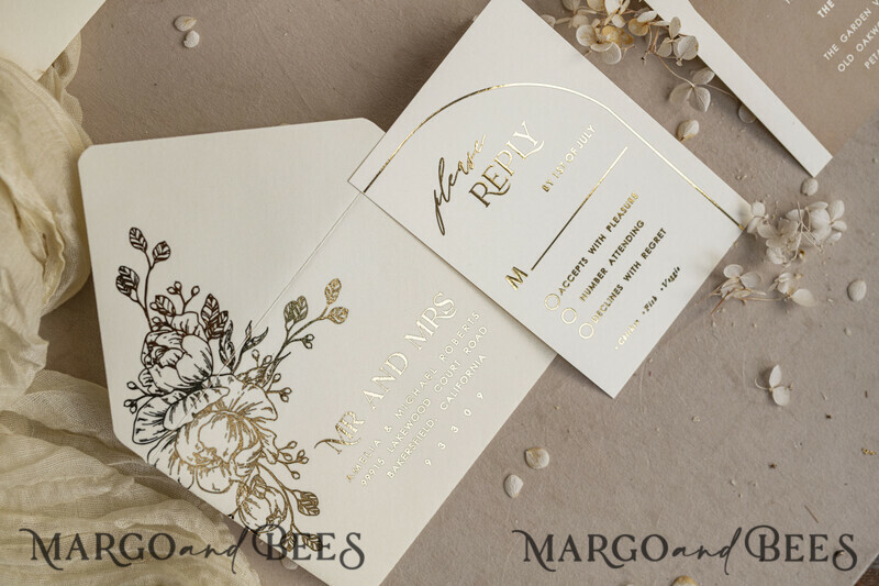 Gold wedding invitations and accessories? A great idea for a gold wedding. Arch Ivory Gold wedding invitation set, ecru wedding invitations, elegant wedding set with gold heart-17