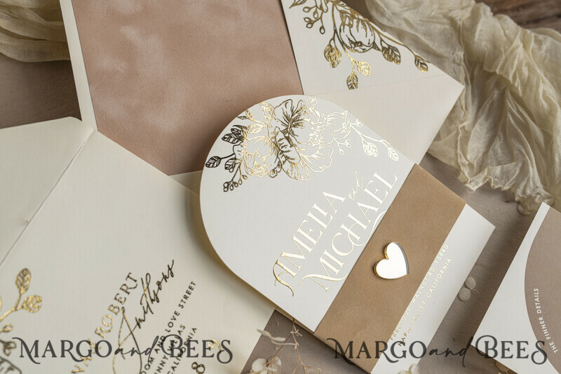 Gold wedding invitations and accessories? A great idea for a gold wedding. Arch Ivory Gold wedding invitation set, ecru wedding invitations, elegant wedding set with gold heart-18