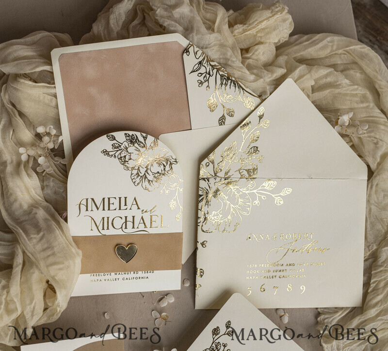 Gold wedding invitations and accessories? A great idea for a gold wedding. Arch Ivory Gold wedding invitation set, ecru wedding invitations, elegant wedding set with gold heart-3