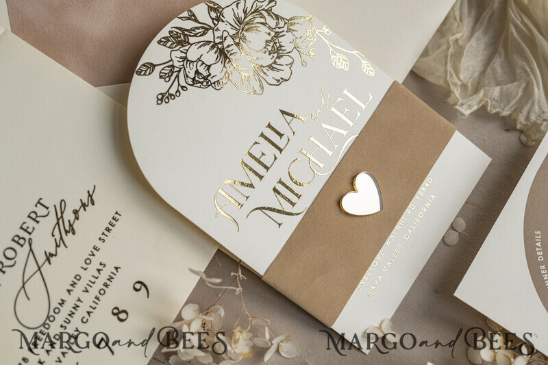 Gold wedding invitations and accessories? A great idea for a gold wedding. Arch Ivory Gold wedding invitation set, ecru wedding invitations, elegant wedding set with gold heart-20