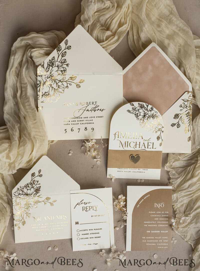 Gold wedding invitations and accessories? A great idea for a gold wedding. Arch Ivory Gold wedding invitation set, ecru wedding invitations, elegant wedding set with gold heart-21