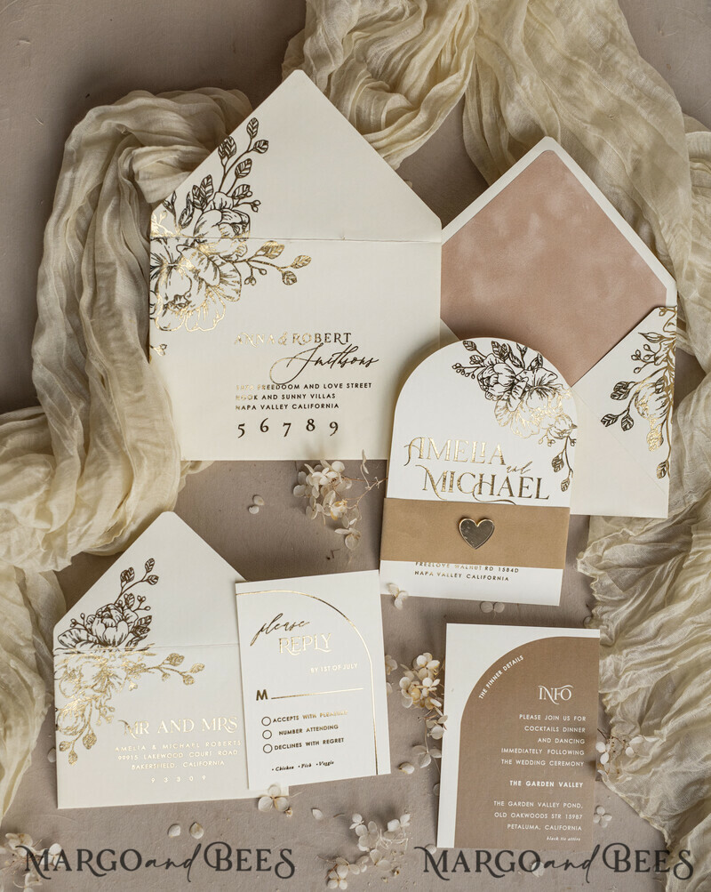 Gold wedding invitations and accessories? A great idea for a gold wedding. Arch Ivory Gold wedding invitation set, ecru wedding invitations, elegant wedding set with gold heart-22