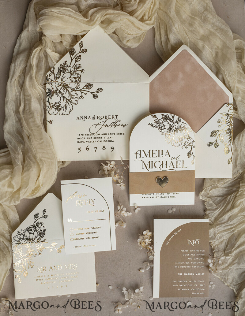 Gold wedding invitations and accessories? A great idea for a gold wedding. Arch Ivory Gold wedding invitation set, ecru wedding invitations, elegant wedding set with gold heart-24