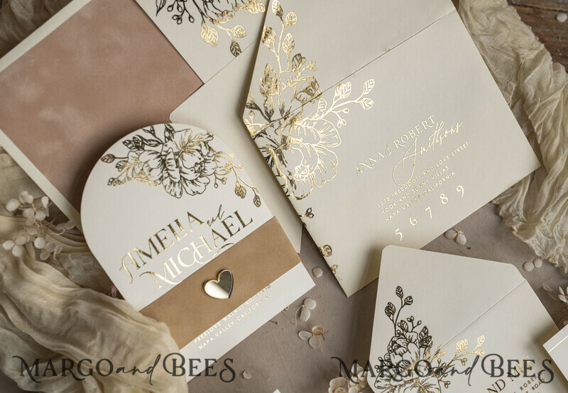 Gold wedding invitations and accessories? A great idea for a gold wedding. Arch Ivory Gold wedding invitation set, ecru wedding invitations, elegant wedding set with gold heart-5