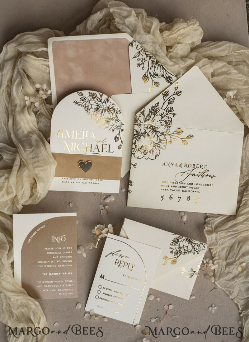 Gold wedding invitations and accessories? A great idea for a gold wedding. Arch Ivory Gold wedding invitation set, ecru wedding invitations, elegant wedding set with gold heart-7