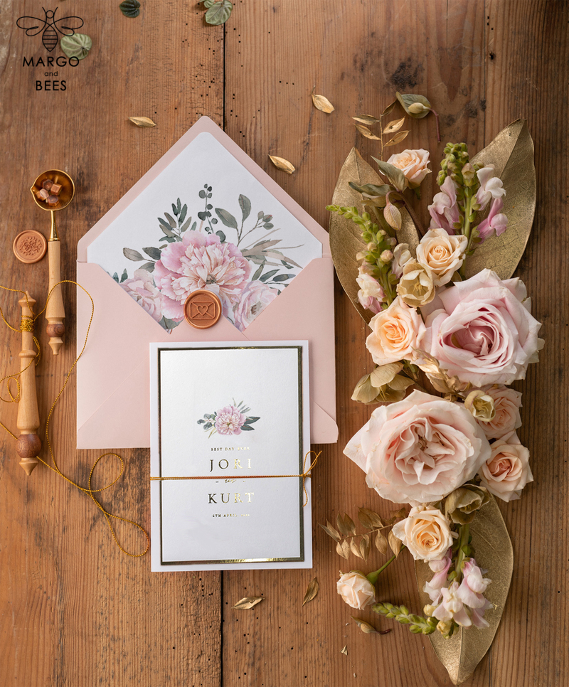  Gold Wedding Invitations,  Gold Lettering Vinatge  Peonies Wedding Stationery,  Pocket Fold Pink Elegant Wedding Invitations Suite-1