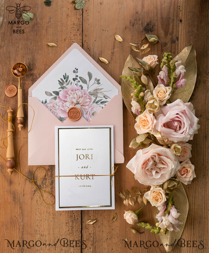 Elegantly Styled: Luxury Golden Shine Wedding Invitations with Glamour Peony Pocketfold and Romantic Blush Pink Wedding Cards in a Floral Vintage Wedding Stationery Suite-2