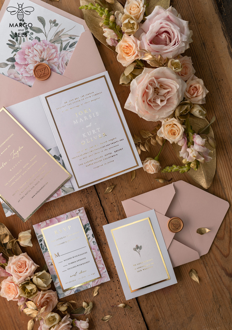  Gold Wedding Invitations,  Gold Lettering Vinatge  Peonies Wedding Stationery,  Pocket Fold Pink Elegant Wedding Invitations Suite-2